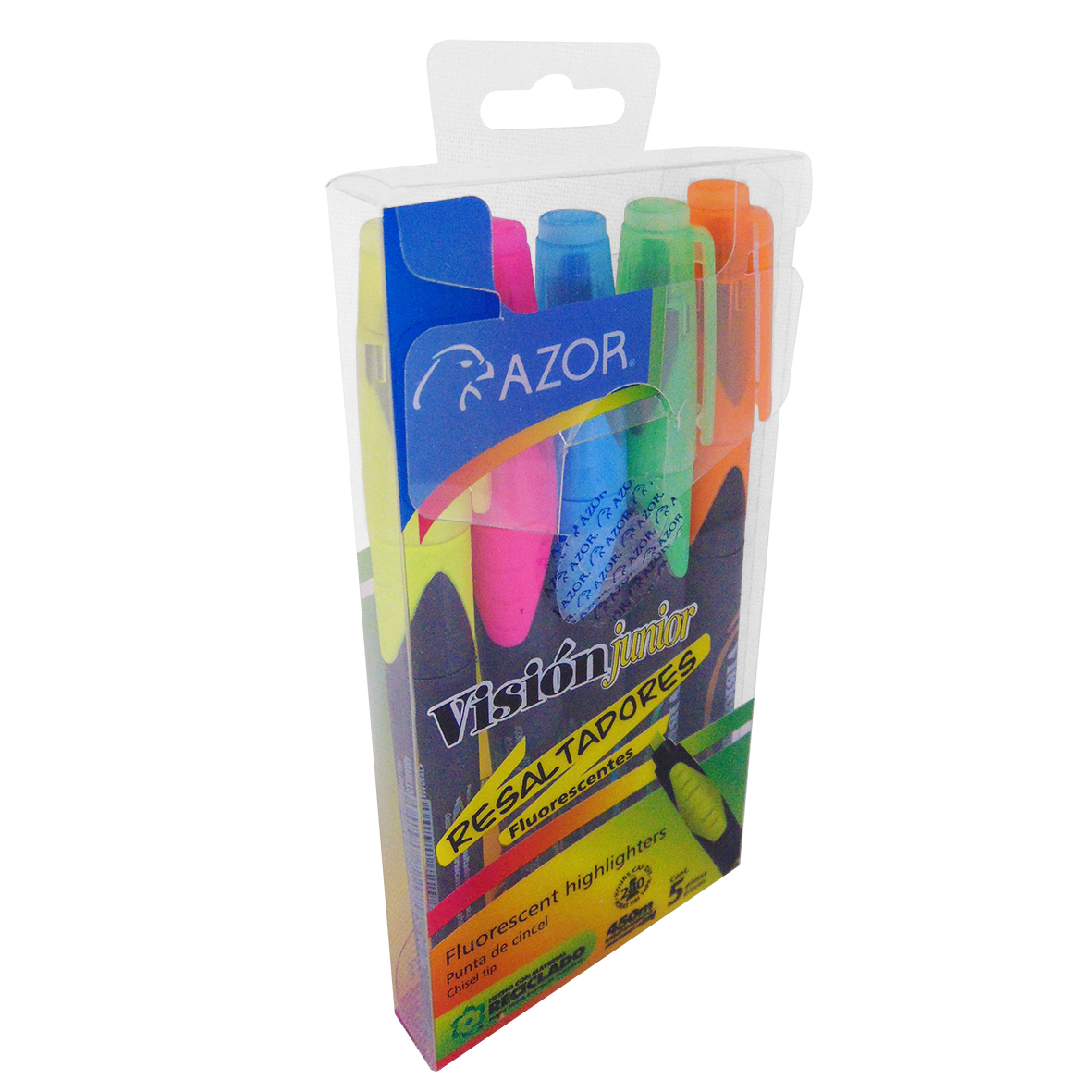 Resaltador AZOR VISION JR 2825 Estuche. Paquete con 5 Piezas. Amarillo - Rosa, Azul, Verde y Naranja. Punta Cincel 4mm.