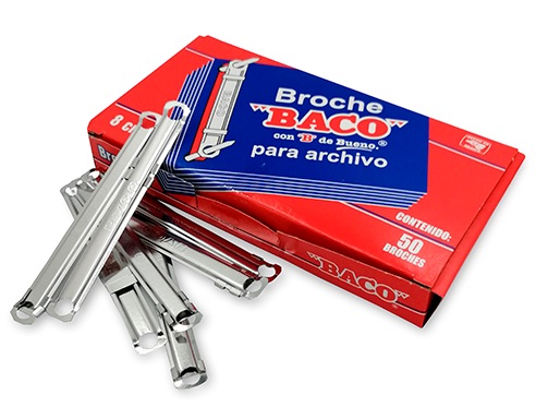 Broche Económico Metálico BACO B-082 14962. Ancho de 8 cm. Caja con 50 Broches. Ajustable. -