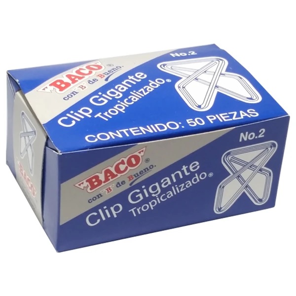 Clip BACO Gigante #2 12319 zincado. Caja con 50 clips. Clip gigante metalico zincado. -