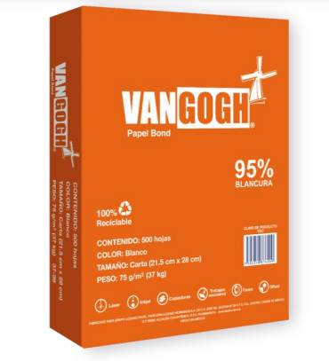 Papel tamaño carta color blanco marca VANGOGH 75gr 95  blancura 17502250376216 10 resmas con  500 hojas cada una desempeño 120 paginas por minuto 4.5 kg -