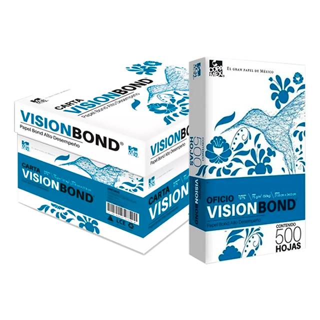 Papel Visión bond tamaño Oficio 75 gramaje 97 blancura caja con 10 resmas de 500 hojas cada una 17502237370395 150 paginas por minuto -