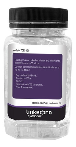 Bote TC6S-100 con 100 Piezas de Plug Modular RJ45 Cat6 blindado - chapado de oro a 30 micras para durabilidad extrema SIN PIN DE TIERRA