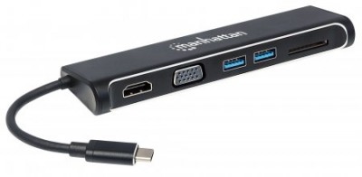 Convertidor Docking USB-C MANHATTAN Superspeed 4-en-1 a HDMI/VGA - Negro, USB C, USB C, USB3.0/HDMI/VGA, Macho/hembra