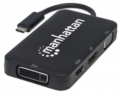 Convertidor USB-C MANHATTAN 4 en 1 para Audio/Video - Negro, USB C, USB C, DisplayPort/DVI/VGA/HDMI, Macho/hembra