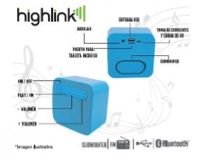 Bocina Inalámbrica Highlink Color Azul - Radio FM, Lector USB, Lector Micro SD, Batería Recargable, Portátil, Ligera