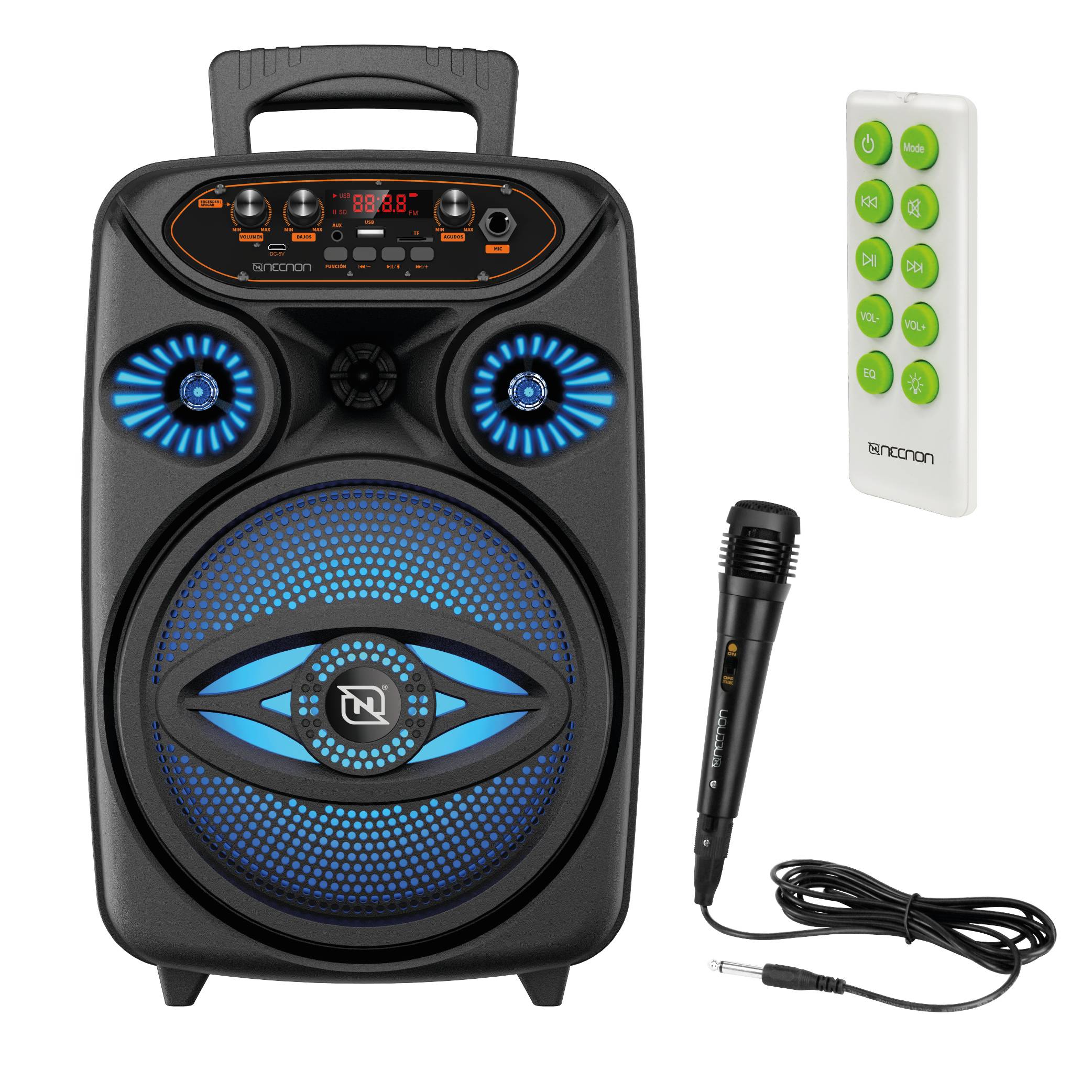 Bafle Karaoke NECNON Bluetooth 8 pulgadas NB-08W TWS Incluye Microfono Alambrico Control Remoto Radio FM Micro SD USB AUX 3.5MM Iluminacion LED Control Agu -