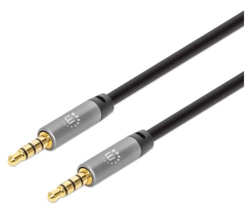 356008 Cable Auxiliar de Audio Estéreo Dos conectores macho de 3.5 mm - 3 m, contactos chapados en oro, diseño delgado, negro/plata