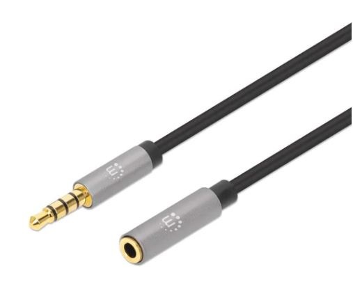 Extensión de Cable Auxiliar de Audio Estéreo MANHATTAN 356022 - 3.5 mm, Negro/Plata, 1 m