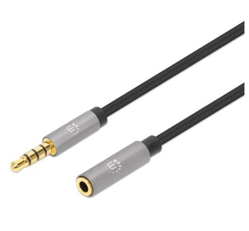 356039 Extensión de Cable Auxiliar de Audio Estéreo de 3.5 mm macho a 3.5 mm hembra - 2 m, contactos chapados en oro, diseño delgado, negro/plata