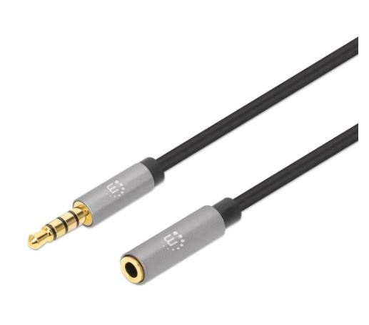 Extensión de Cable Auxiliar de Audio Estéreo MANHATTAN 356053 - 3.5 mm, Negro/Plata, 5 m