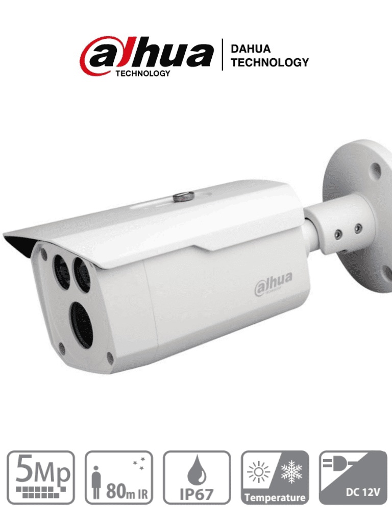 DAHUA HAC-HFW1500D - Camara Bullet de 5 Megapixeles/ Metalica/ Lente de 3.6 mm/ 92 Grados de Apertura/ IR de 80 Mts/ IP67/ Soporta: CVI/CVBS/AHD/TVI -