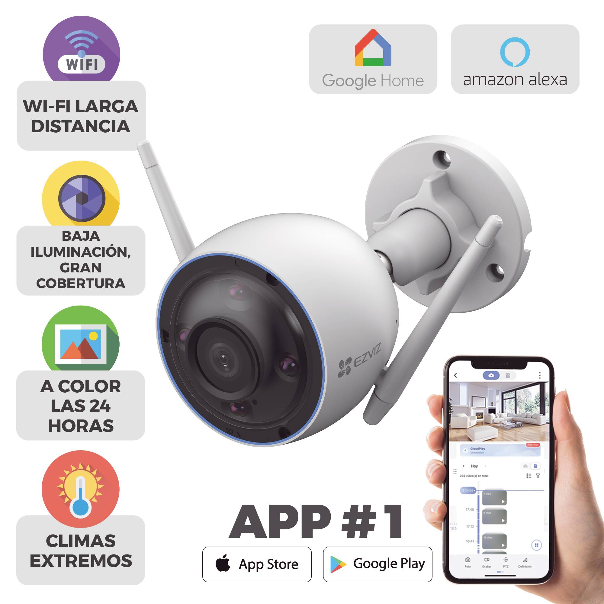 Cámara bala IP 3 MP EZVIZ H3 2K / Wi-Fi / Audio de dos vías / IP67 / Visión a color 24/7 / MicroSD hasta 512 GBGB -