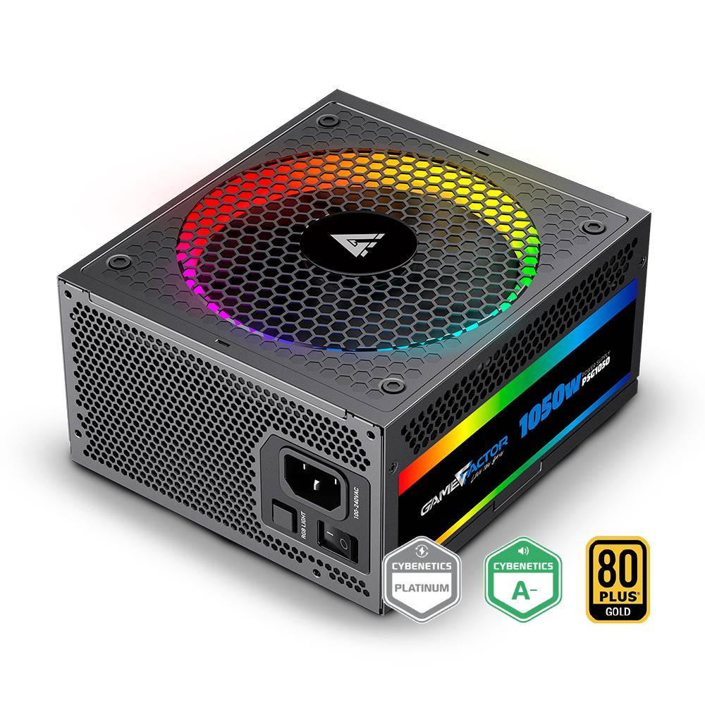 FUENTE DE PODER  GAME FACTOR PSG1050 FULL MODULAR - RGB, 1050WATTS PLATINUM + 80 GOLD, PCIe 5.0, CONECTOR 12VHPW DE 600W