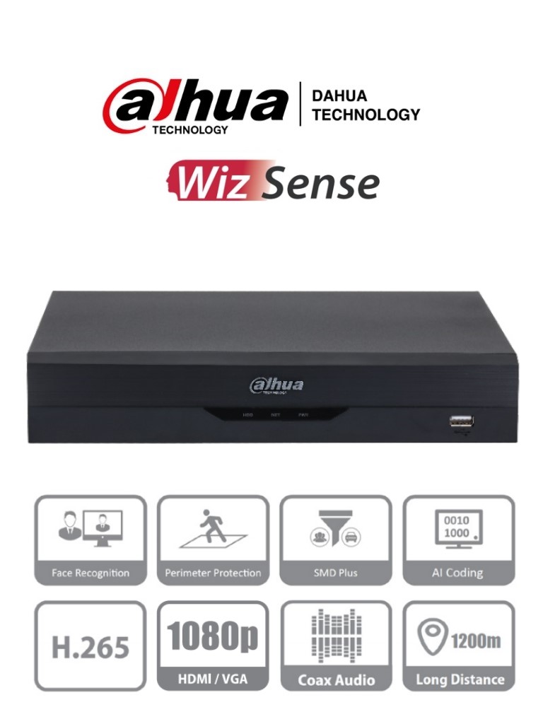 DAHUA XVR5108HS-I3 - DVR de 8 Canales 5 Megapixeles Lite/ WizSense/ H.265+/ 8 Canales HDCVI+4 IP/ Hasta 12 Canales IP/ 1 Ch de Reconocimiento Facial/ -