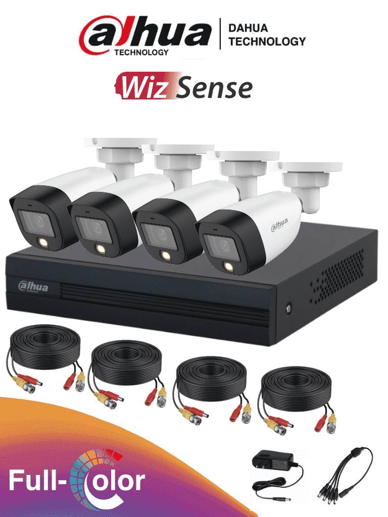 DAHUA FULLCOLORKIT- Kit de 4 Canales Full Color de 2 MP/ DVR Cooper-I WizSense/ Con IA/ H.265+/ 4 Camaras Full Color de 2 Megapixeles/ 4 Ch SMD Plus -