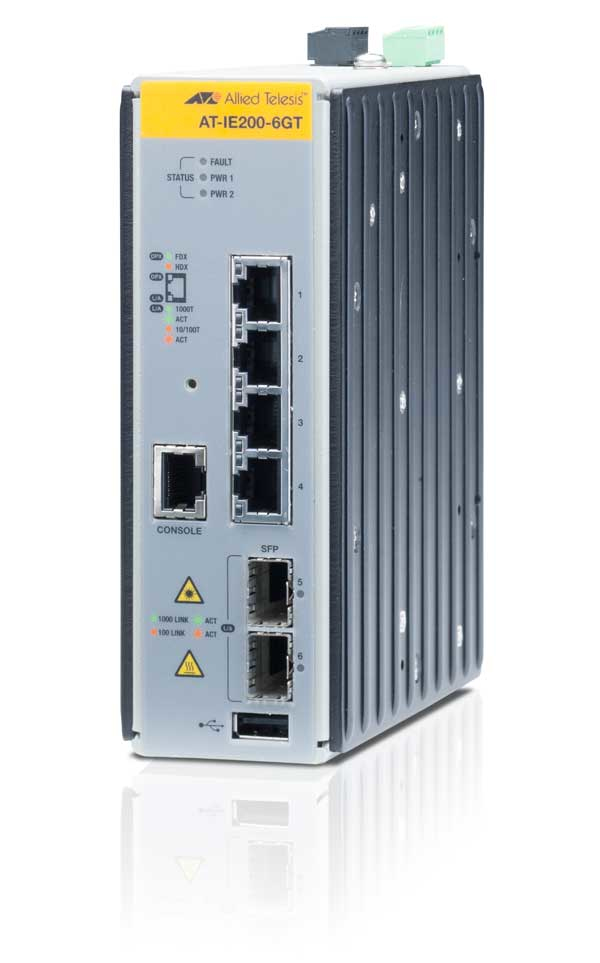 Switch ALLIED TELESIS Industrial Administrable Capa 2 de 4 puertos 10/100/1000 Mbps + 2 puertos SFP. AT-IE200-6GT-80. -