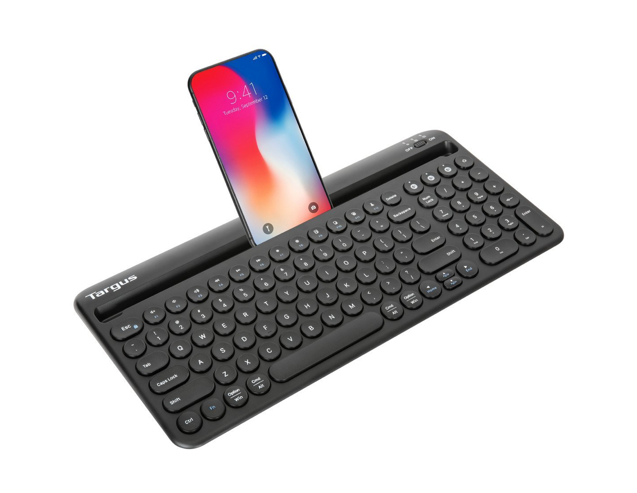 Teclado inalámbrico antimicrobiano Bluetooth multidispositivo con base para tableta/teléfono AKB867US -