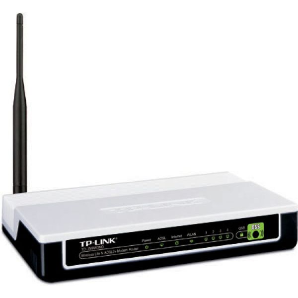 MODEM ROUTER TPLINK ADSL+2, DESCARGA HASTA 24MBPS, WIRELESS 2.4GHZ CON 150M, 4 PUERTOS RJ45 10/100MBPS, 1 PUERTO RJ11, SOPORTA 10 IPSEC VPN,ANTENA DESMONTABLE